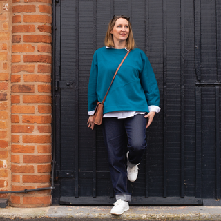 Female wearing the Olivia Origami Sweatshirt Sewing Pattern
