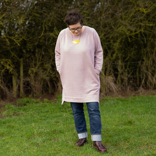Lady wearing The Pauline Jersey Dress Sewing Pattern