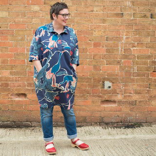 Female wearing the Hippolyta, casual dress sewing pattern in bold print