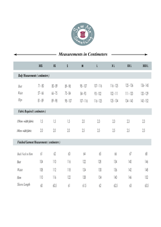 Origami Sweatshirt Measurement Chart