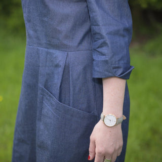 Side view of the Miranda Ladies Dress Sewing Pattern in Denim Fabric